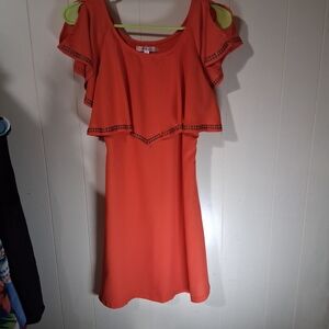 Vibrant Red Orange Ruffle Sleeve Mini Dress W/ Gold Accents
